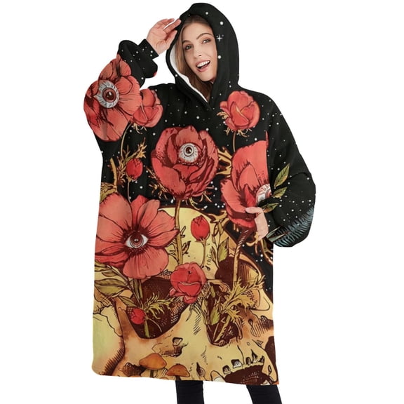 Oversized Wearable Blanket Hoodie,Black Gothic Skull Flower Pattern Sherpa Blanket Hoodie with Super Pockets,Super Warm Fuzzy Pullover for Women & Men