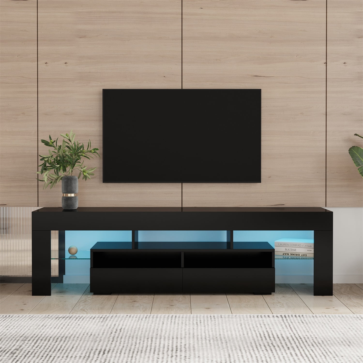 Kadyn LED Light TV Stand with Remote, Living Room Entertainment Center TV Stand with 2 Drawers & 2 Open Shelves, Particle Board TV Stand Cabinet with 20-color RGB LED lights, Black Kadyn LED Light TV Stand with Remote, Living Room Entertainment Center TV Stand with 2 Drawers & 2 Open Shelves, Particle Board TV Stand Cabinet with 20-color RGB LED lights, Black