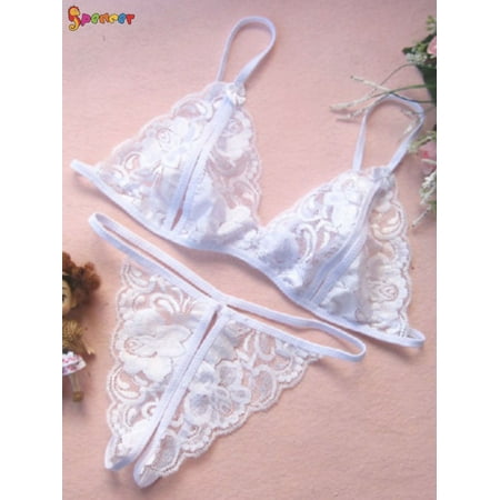 Spencer 2PCS Womens Sexy Lingerie Lace Bralette Bra Panty Set Floral Babydoll Strappy G String T-Back Thongs Panties Sleepwear  M White