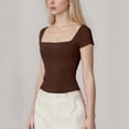 thumbnail image 5 of YUGYXL Women's Square Neck Short Sleeve Double-Layer Tops Basic Slim Fit Going Out T Shirt Coffee S, 5 of 6