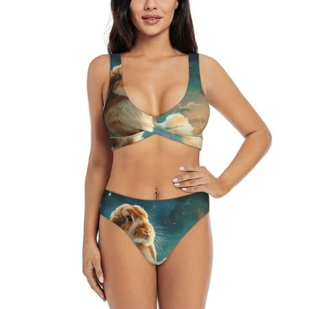 Zeuib Starry Sky Cloud Cute Rabbit High Waisted Tummy Control Bikini Set - Knot Front Push Up Top & Cheeky Thong Bottom  Two-Piece Swimsuit for Women-Small