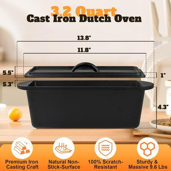 Rectangular Cast Iron Dutch Oven for Bread Baking, Cast Iron Sourdough Bread Pan with Lid Handles Lame, Even Heat Bread Baking Pan for Homemade Bread Cake Meatloaf, 3.2QT