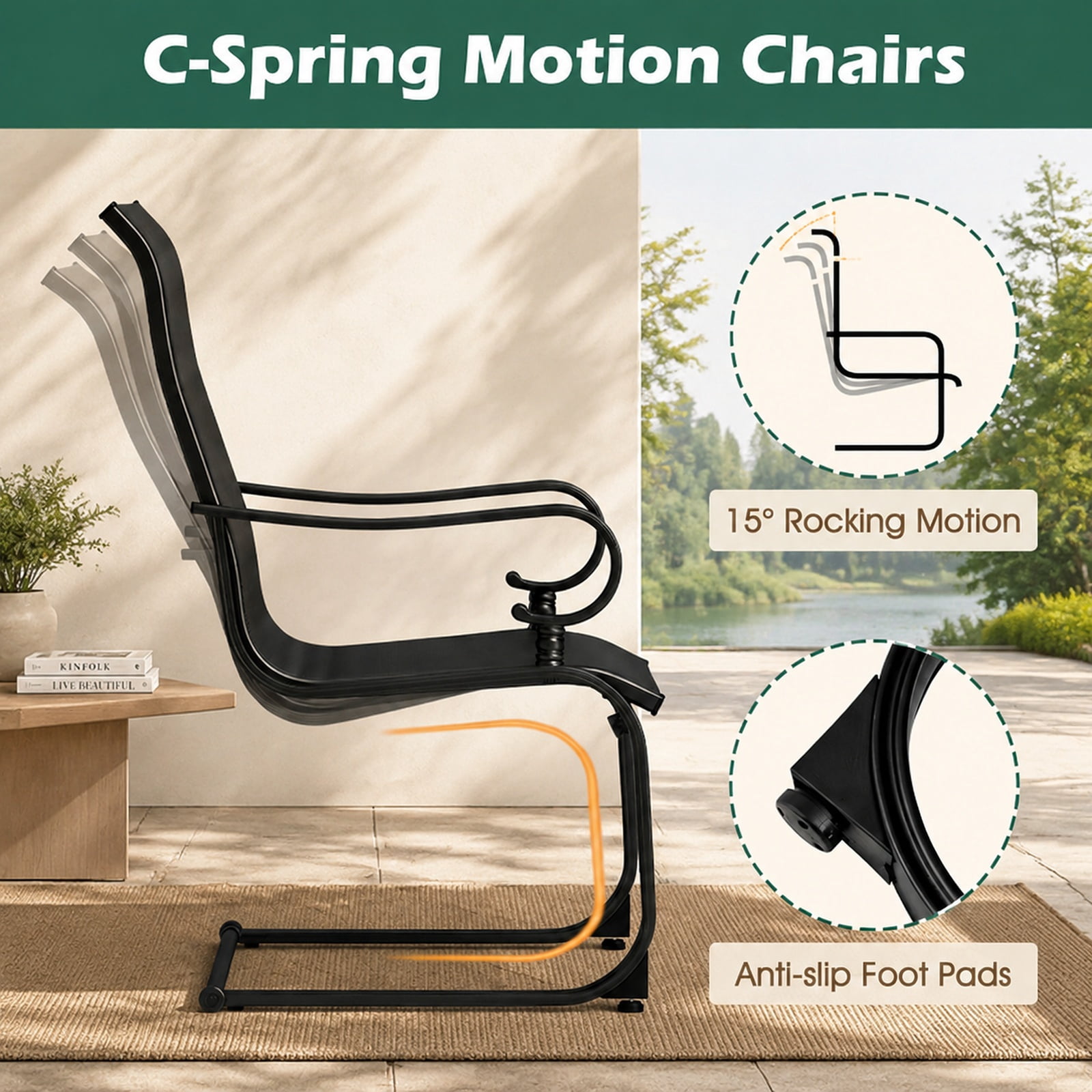 Biotree Set of 2 Patio Rocking Chairs, Quick-Drying Breathable Fabric, High Backrest, for Backyard, Black