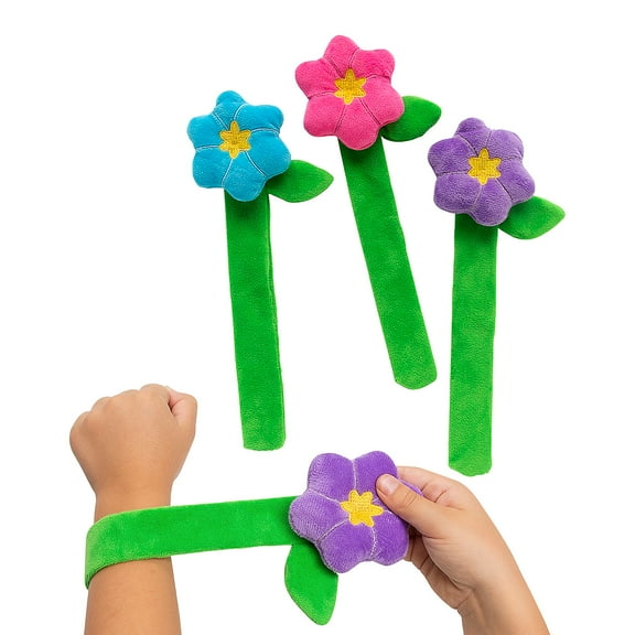 Fun Express 9" x 3" Hugging Multicolor Stuffed Flower Slap Bracelets – 12 Pieces
