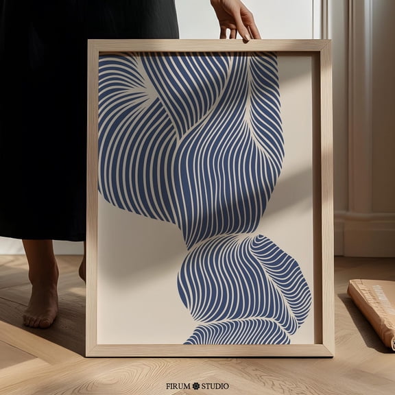 Indigo Abstract Organic Flowing Line Art, Modern Mid Century Print Wall Decor, Minimalist Room Art For Living Room, UNFRAMED PAPER POSTER, Home Decor, Vintage Gift, Living Room Dercor