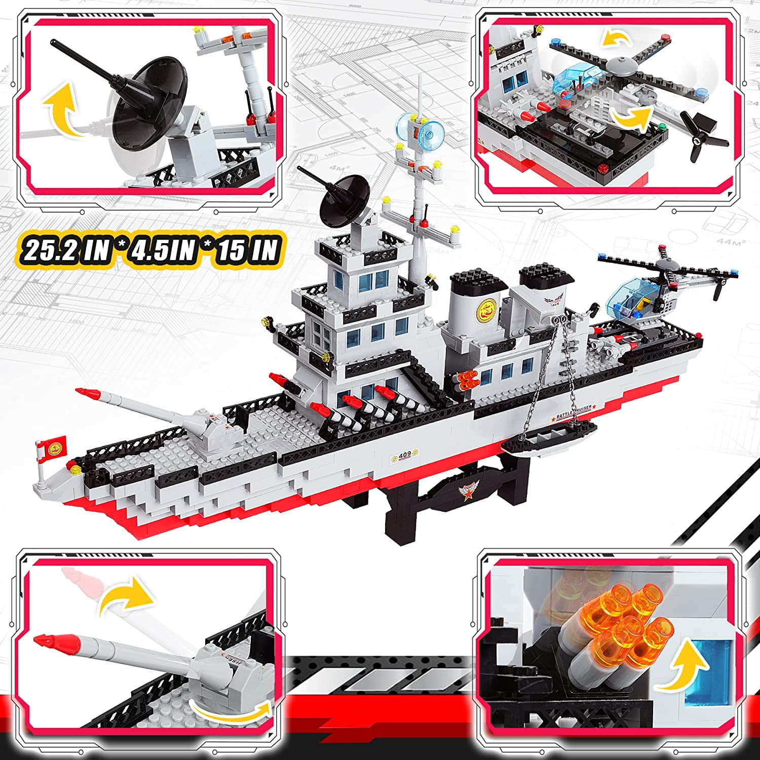EP EXERCISE N PLAY  Large Military Battleship Building Blocks Toy Sets (1163 Pieces)