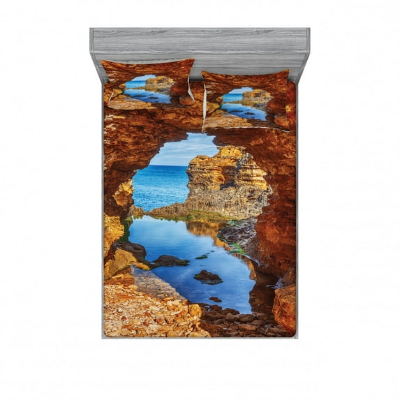 Beach Bedding Set with Sheet & Covers, Cavern Rocks by Pacific Waters with Australian Sea and Sky Landscape Road, Printed Bedroom Decor 2 Shams, 4 Sizes, Cream Blue, by Ambesonne