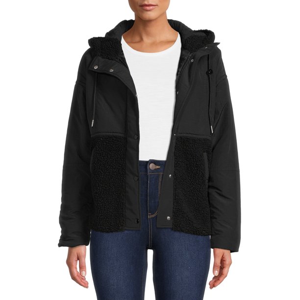 Time & Tru Women’s Mix Media Faux Sherpa Hooded Jacket