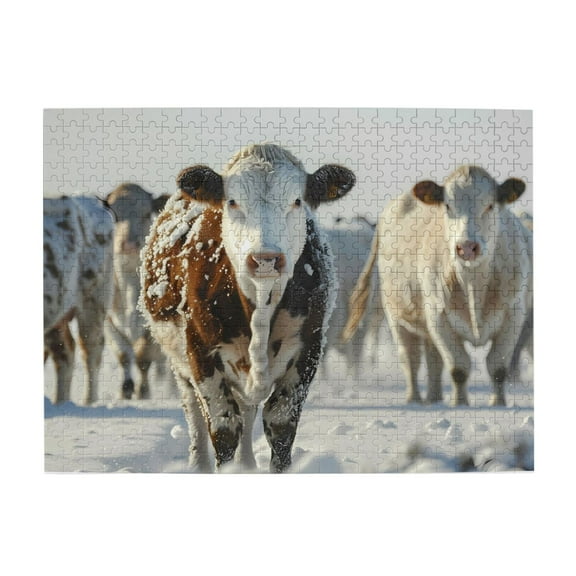 Hereford Cattle In Snow Field 500-Piece Wooden Jigsaw Puzzle for Adults, Fun & Challenging Family Brain-Teaser, Perfect Home Decor & Gift