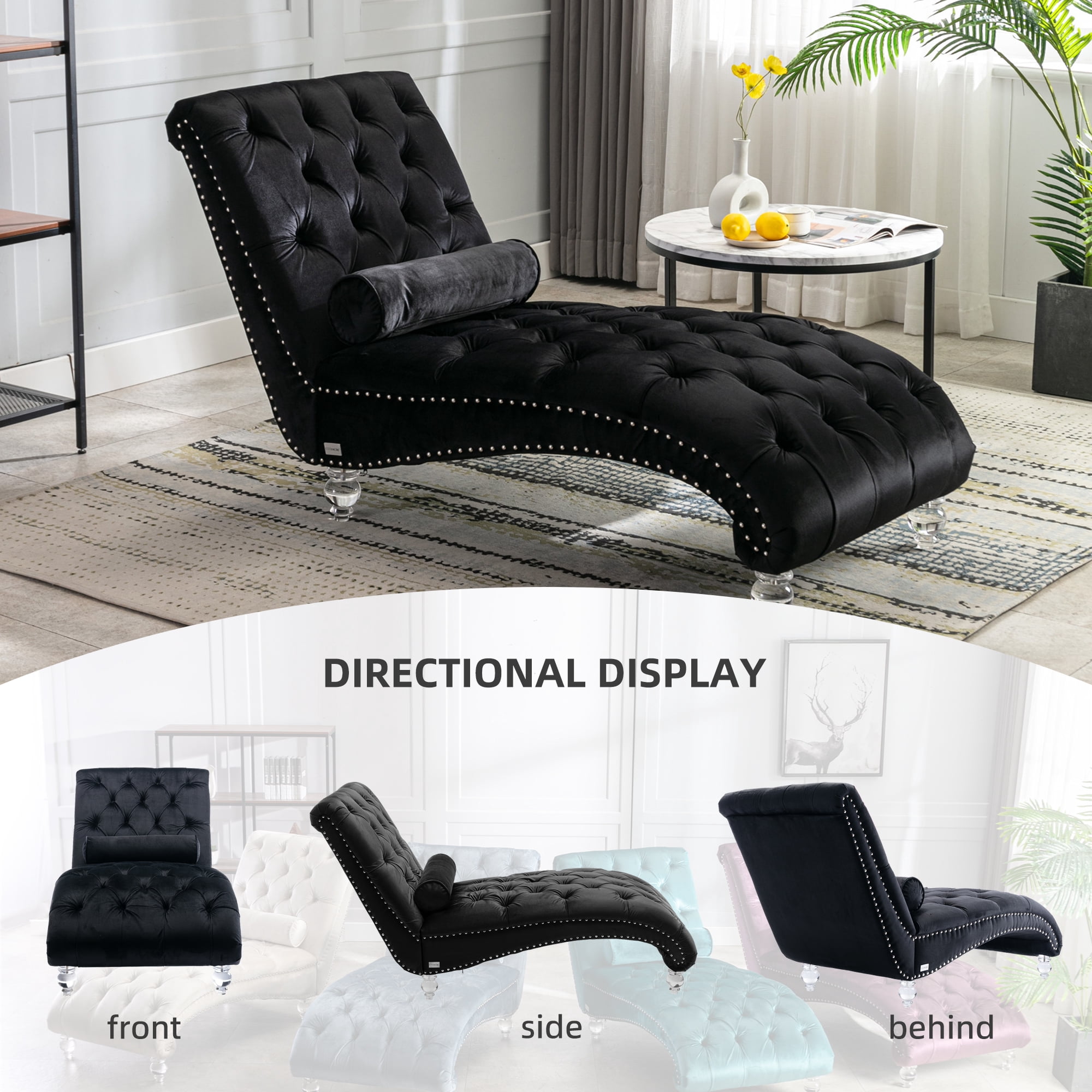 MOONMISS Velvet Chaise Lounge Chair Button Tufted Upholstered with Pillow Indoor