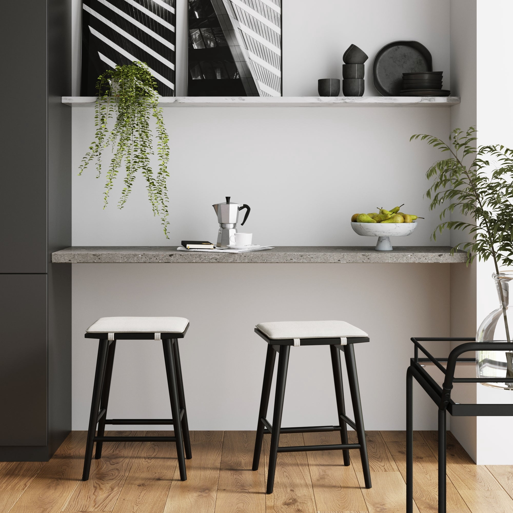 Nathan James Barker Counter Height Wood Barstool with Upholstered Cushion, Backless Island Stool for Kitchen, Black/White, Set of 2