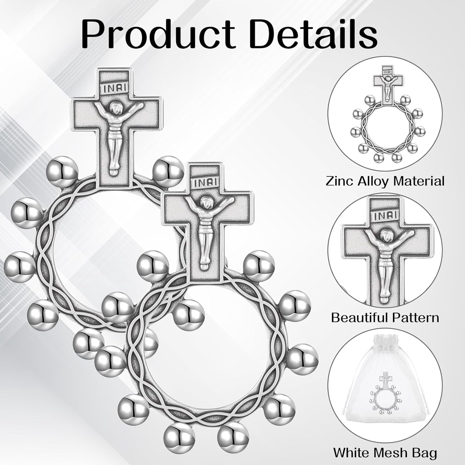 80 Set Finger Rosary Rings Bulk Silver Metal Rosary Rings Pocket Finger Rosaries Small Pocket Cross Prayer Catholic Rin-gs with Organza Bags for Baptism Favors Baby Shower Quinceanera Funeral