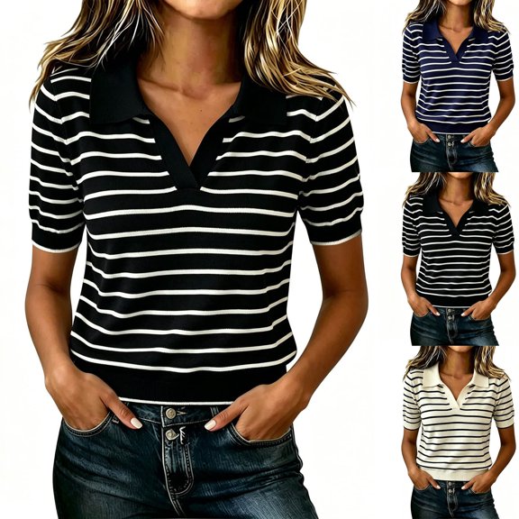 Women's Striped Polo Knit Shirts Lapel V Neck Short Sleeve Slim Fit Pullover Tops Work office Casual Tees Soft Lightweight Basic Blouses White