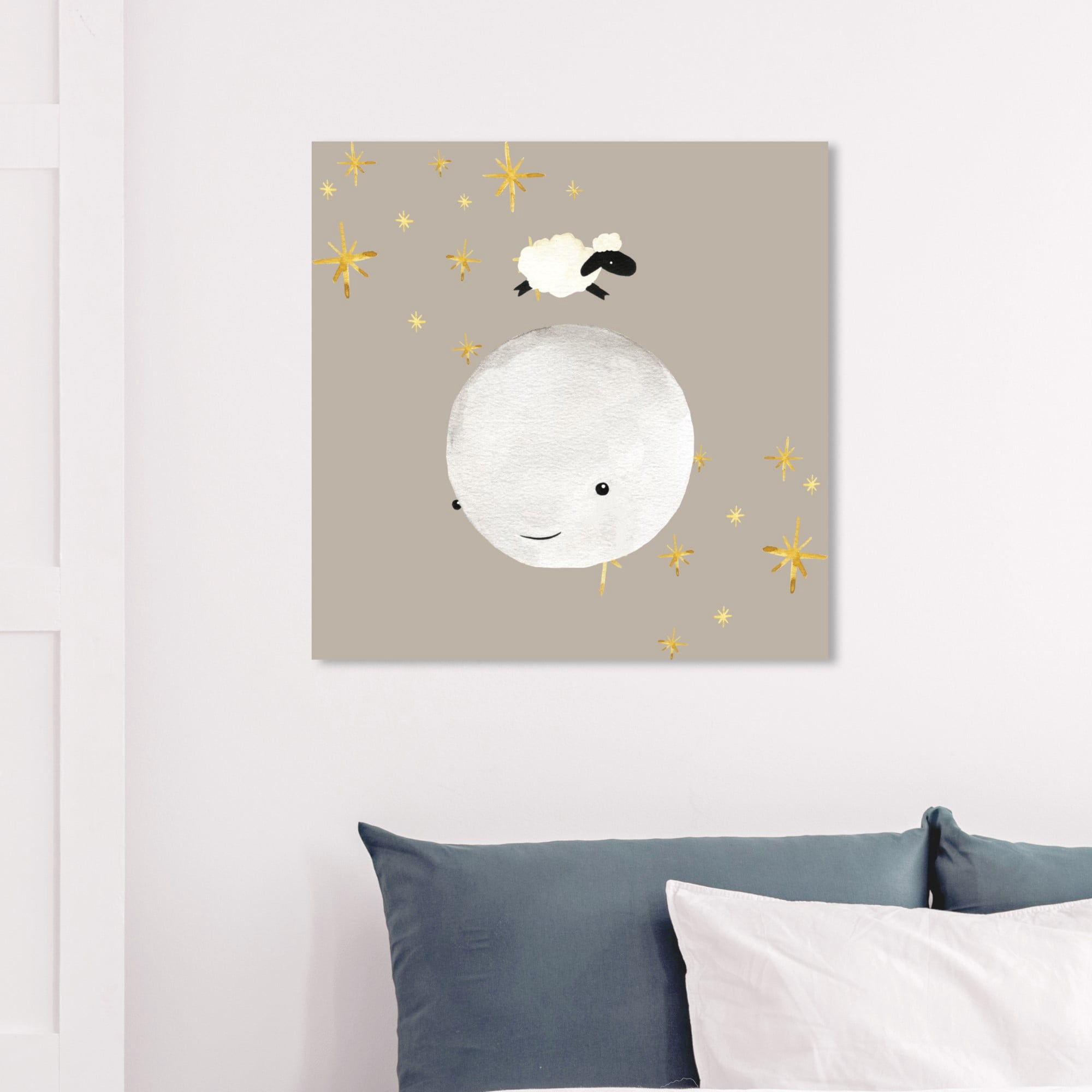 Wynwood Studio 'Sheep Jumping Over The Moon' Animals Wall Art Canvas Print - White, Brown, 30" x 30"