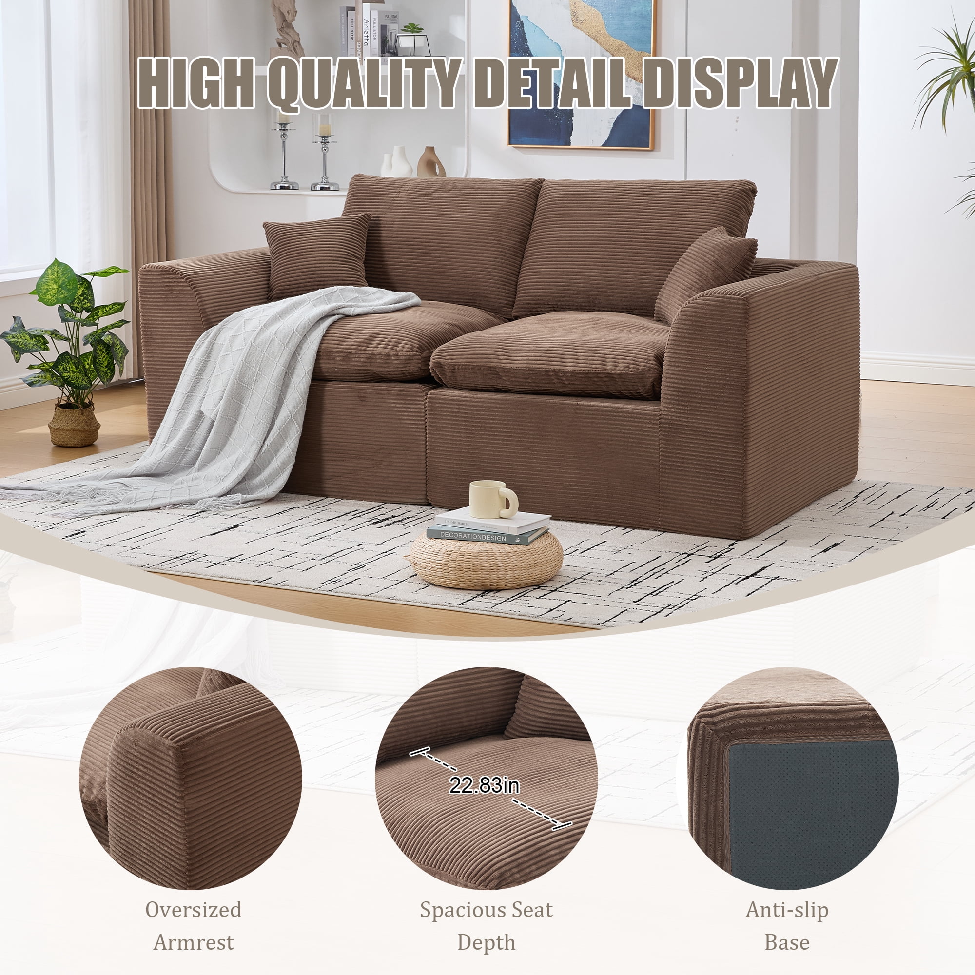 MOONMISS 80.3" Oversized Modular Sofa, Upholstered Corduroy 2 Seat Deep Seat Cloud Couch for Living Room Bedroom, No Assembly Required,Brown