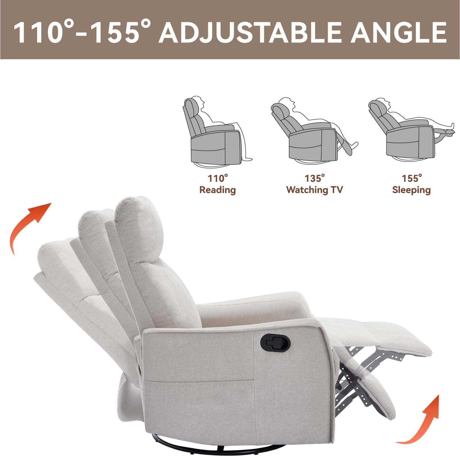 MAYEERTY 360 Degree Swivel Rocker Recliner Chair, Manual Recline Glider Chair with 8 Vibration Massage Nodes & Lumbar Heating, for Living Room Nursery
