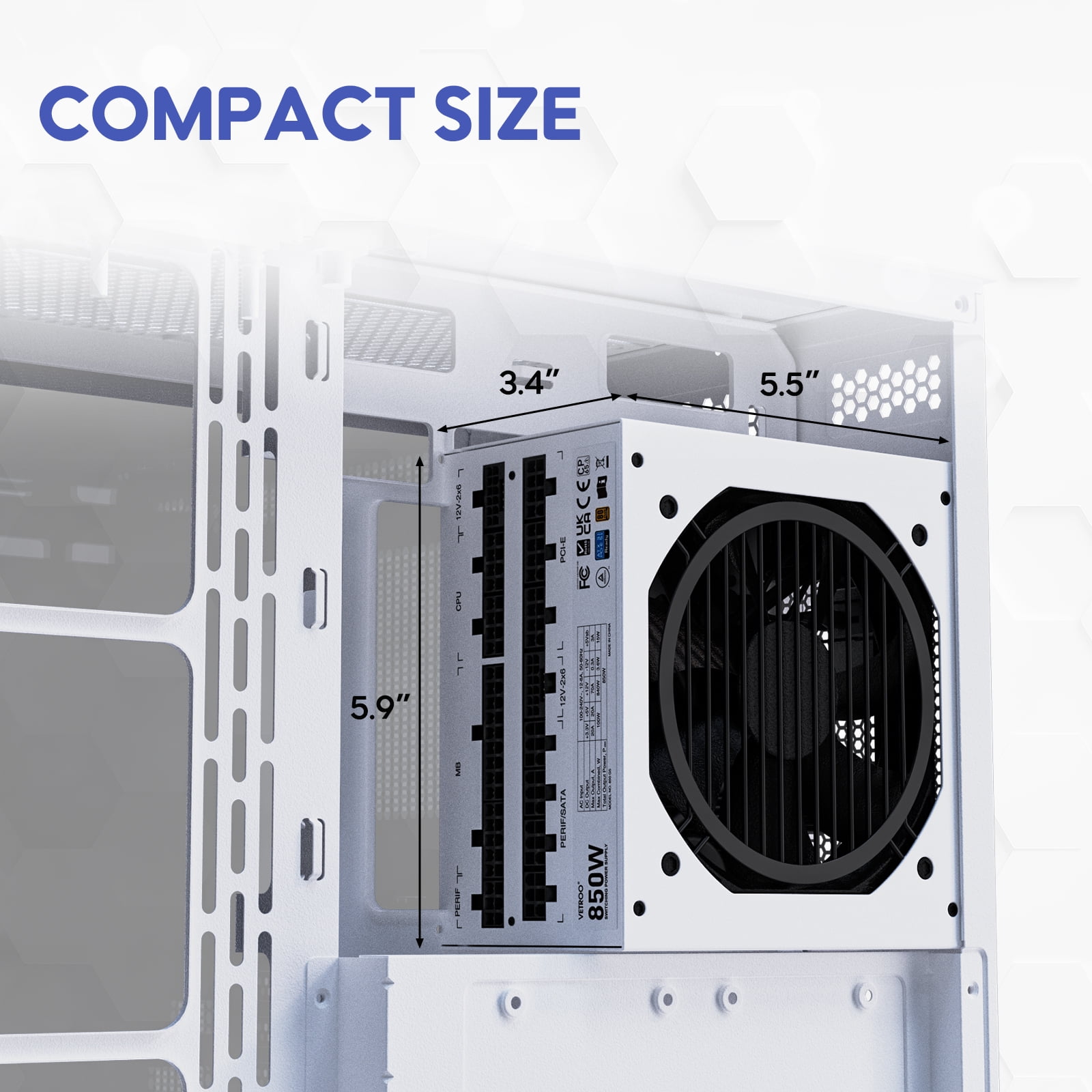 Vetroo 850W Power Supply Dual PCIe 5.1 ATX 3.1 Ready, 80 Plus Gold Full Modular, Quiet Operation with 120mm FDB Fan, 10-Year Warranty - White