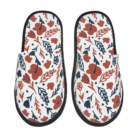 Balery Red Blue Leaves Slient Indoor Furry Fleece Comfort House Shoes Soft Non-Slip Home Shoes Cotton slippers House Slippers-- Medium