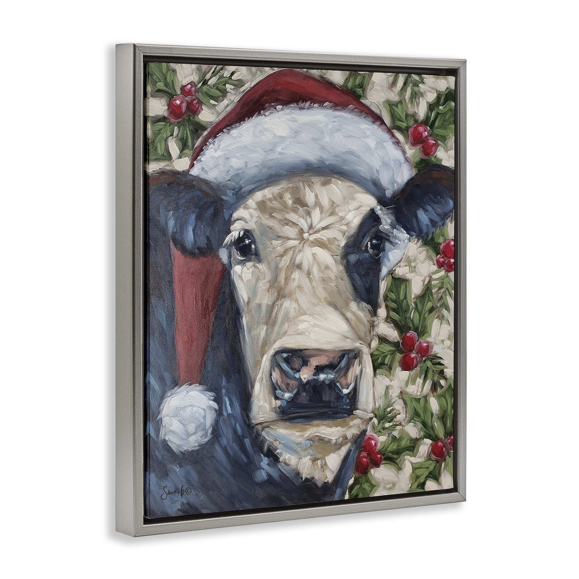 Stupell Industries Cow with Festive Holly Holiday Painting Gray Floater Framed Art Print Wall Art, 17 x 21