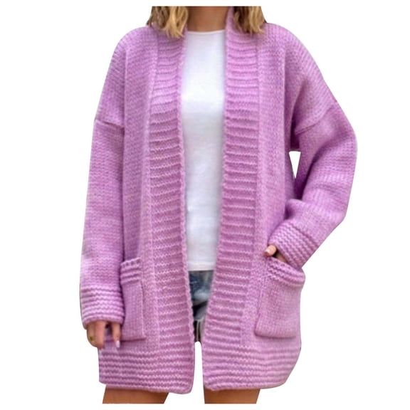 Arlun Knit Cardigan Sweaters for Women Fall Winter Long Sleeve Open Front Casual Loose Sweater Jacket Comfortable Soft Solid Color Coats with Pockets Purple XL