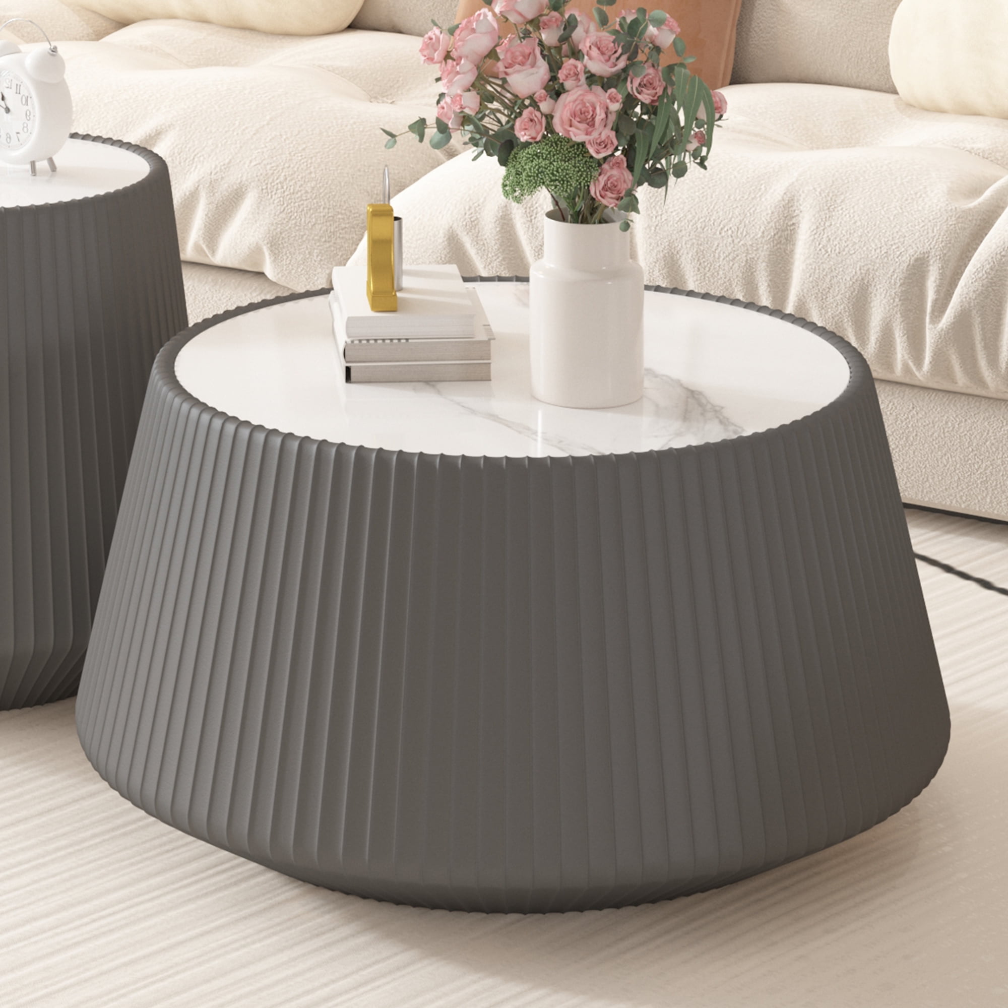 Leumius Light Sintered Stone Top Cup Shape Leather Coffee Modern Sofa Table for Apartment Living Room Furniture Grey 1