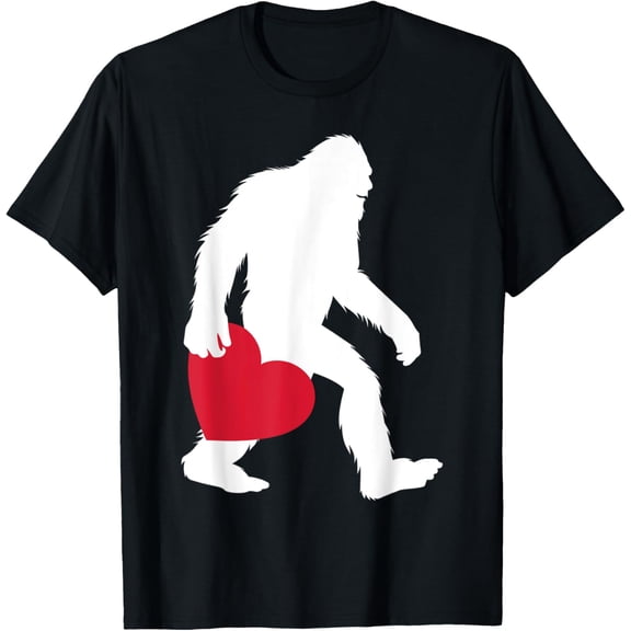 Bigfoot In Love Valentines Day Funny Heart Sasquatch Men T-ShirtMen's and women's gift, black and white T-shirt, size: Extra large S-4XL