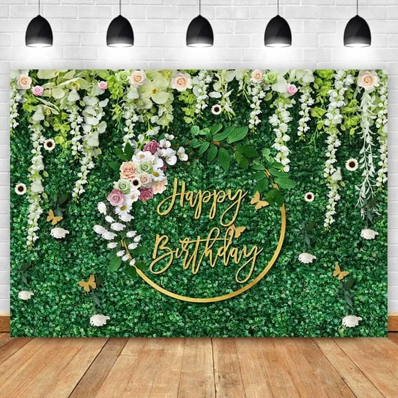 Happy Birthday Backdrop Green Grass and Flowers Wreath Birthday Background for Women Girls Greenery Leaves Birthday Party Decorations Banner Supplies Photo Booth Props