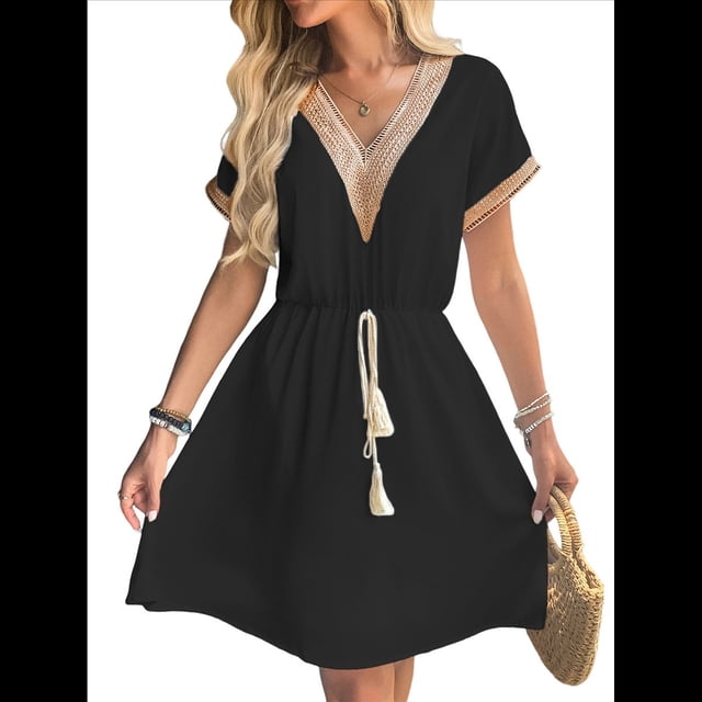 Vestido Informal de Verano con Cintura Ajustada para Mujer para Vacaciones Negro M