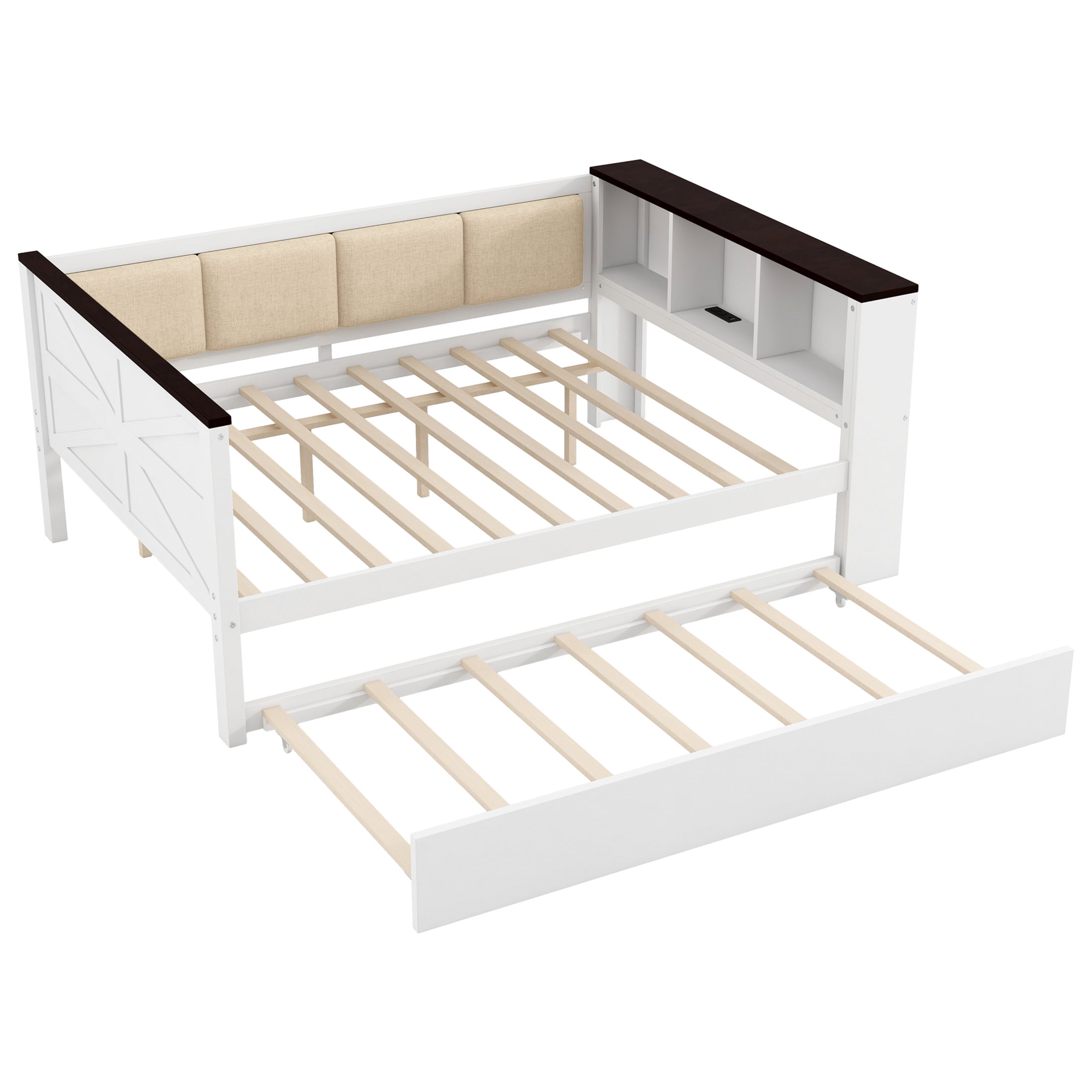 Noble House Full Size Daybed with Trundle and USB, Wood Sofa Bed with Storage Shelves, Upholstered Backrest, White