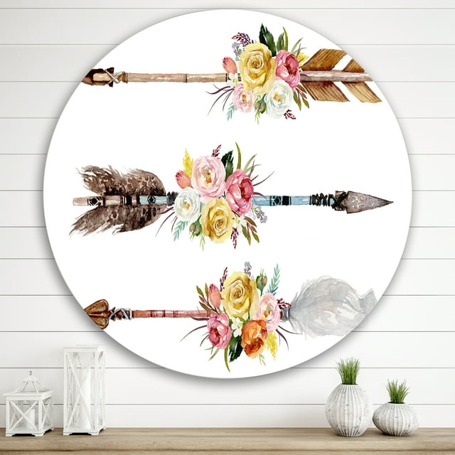 Designart - Ethnic Feathers and Flowers On Native Arrows II - Bohemian & Eclectic Metal Circle Wall Art