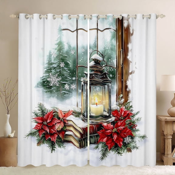 Manfei Red Xmas Floral Black Out Curtains,Merry Christmas Curtains Pack of 2 (42x63 Each),Books Snowflake Pattern Bedroom Curtains For Kids,Microfiber Bedroom Decor
