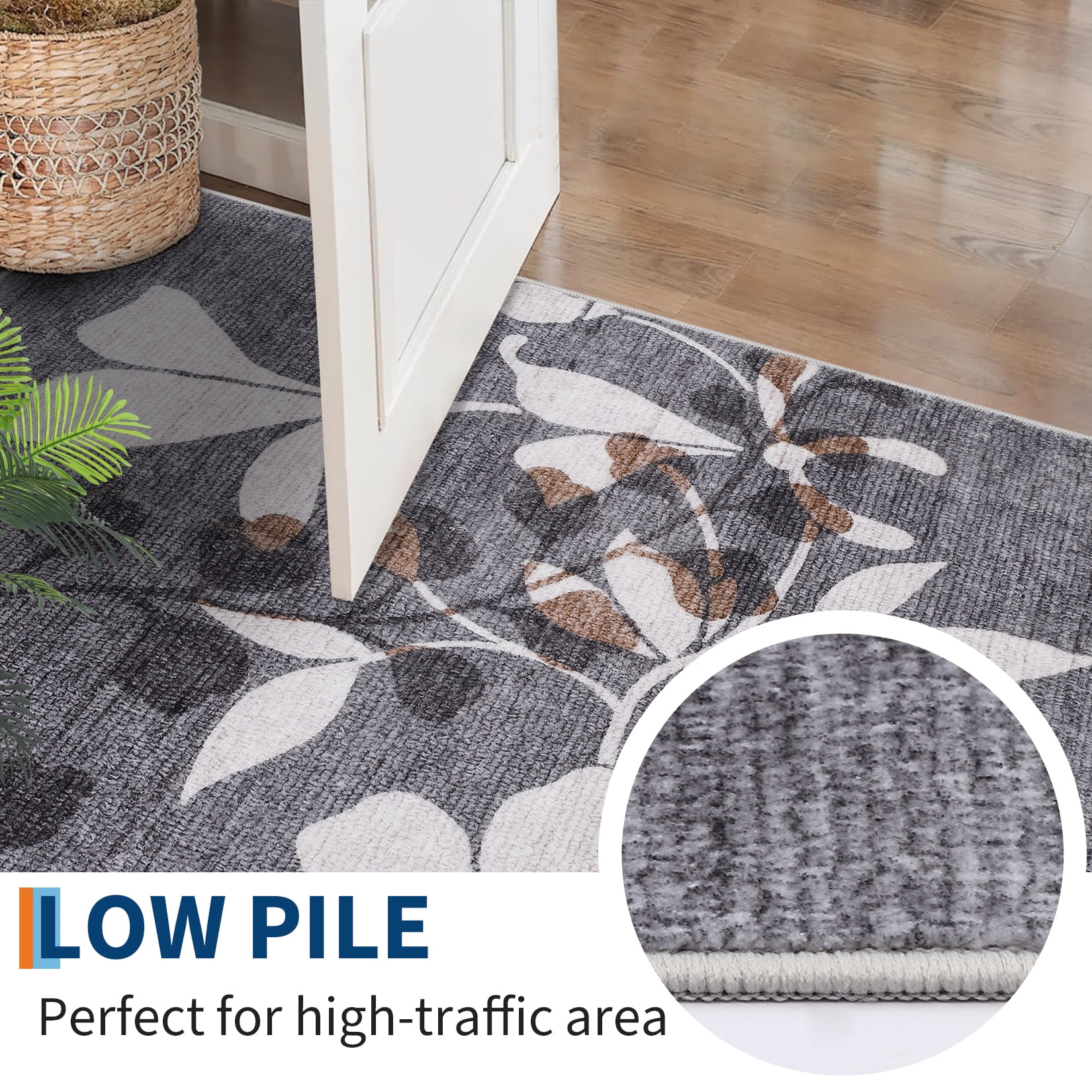 Garvee 5'x7' Modern Area Rug Washable Floral Accent Carpet with Non-Slip Backing, Stain-Resistant Soft Rugs Low Pile Floor Mats, Botanical Print Rug for Living Room, Bedroom, Dining Room, Gray
