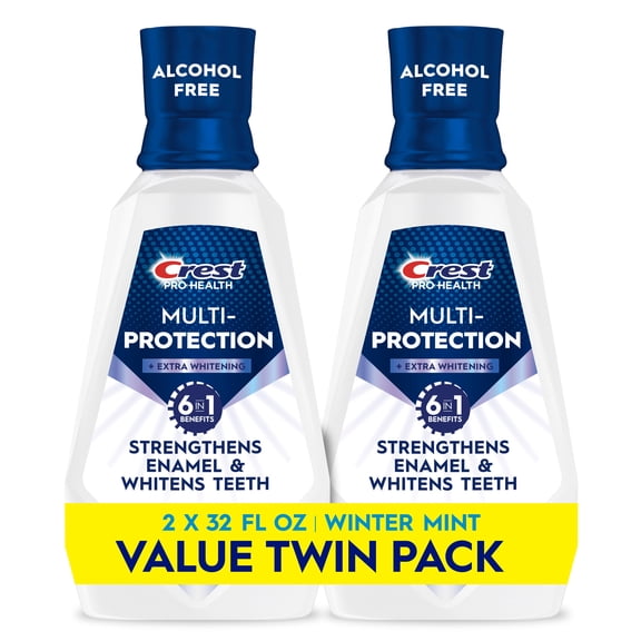Crest Mouthwash Pro-Health Multi-Protection   Extra Whitening, 6 Benefits in 1, Anticavity Fluoride Alcohol Free, Winter Mint Flavor, 32 fl oz, Pack of 2