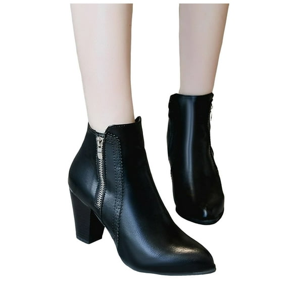 Dress Boots for Women Ladies with Side Zipper Fashion Leather Pointed Toe Chunky Stacked High Heel Short Ankle Booties Winter Fall Shoes