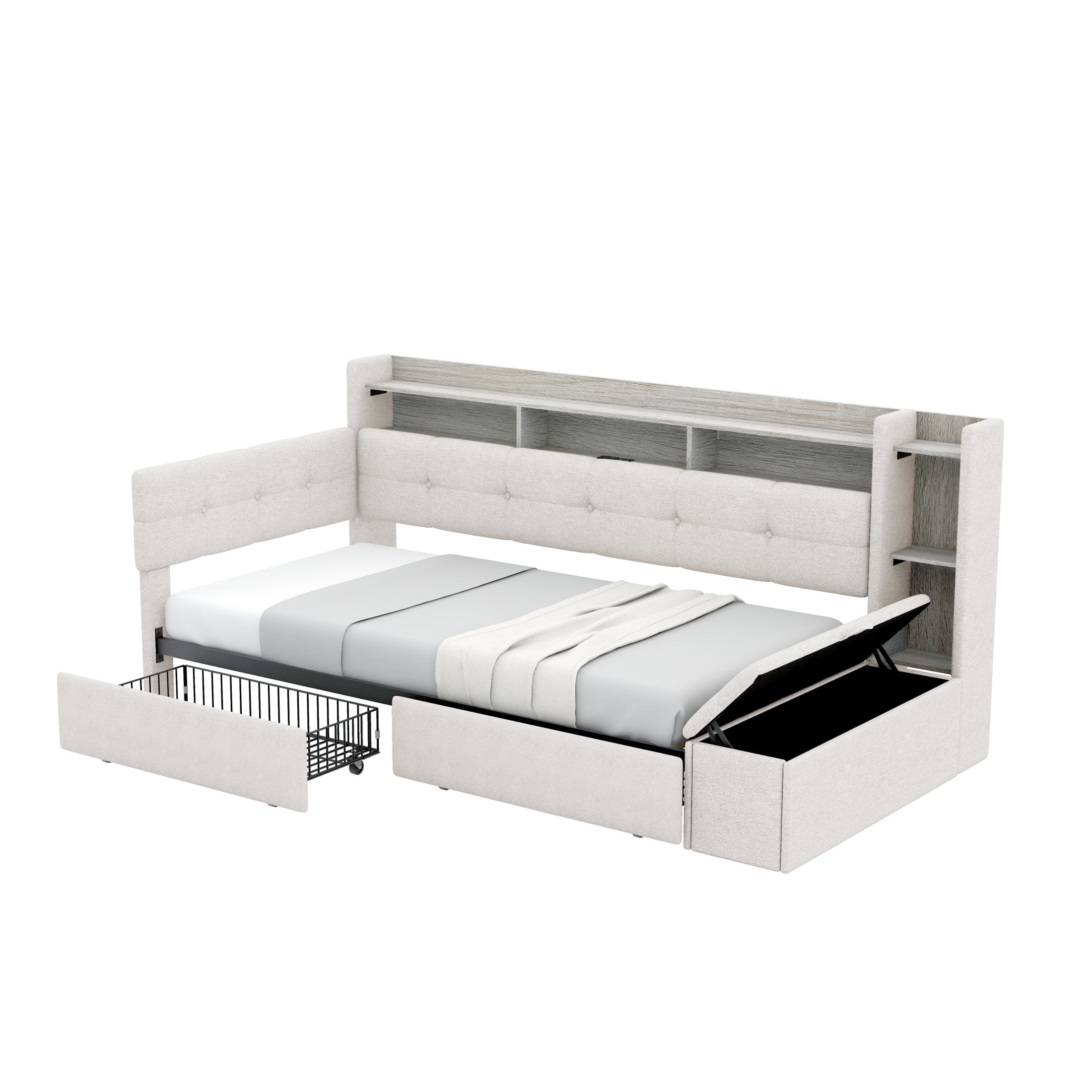 Noble House Brevon Twin Size Upholstered Daybed with Extra Drawers, Storage Footstool, USB Port and LED Light, Beige