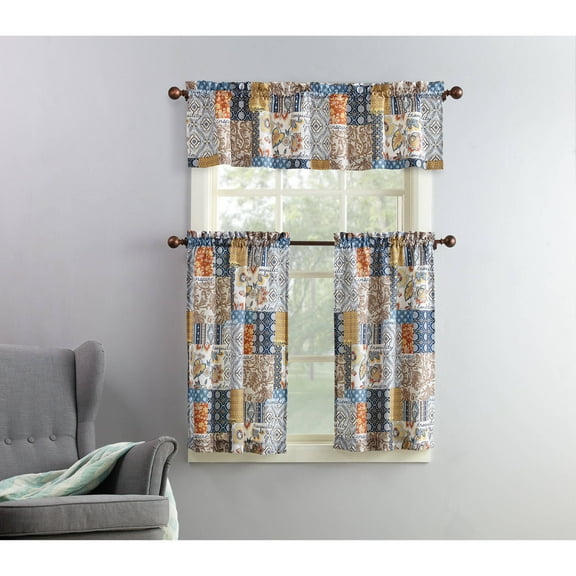 Mainstays 3-Piece Semi Sheer Rod Pocket Kitchen Window Tier Pair and Valance, 2 Café Curtains and 1 Curtain Valance, Multicolor Patchwork, 54"W x 36"L