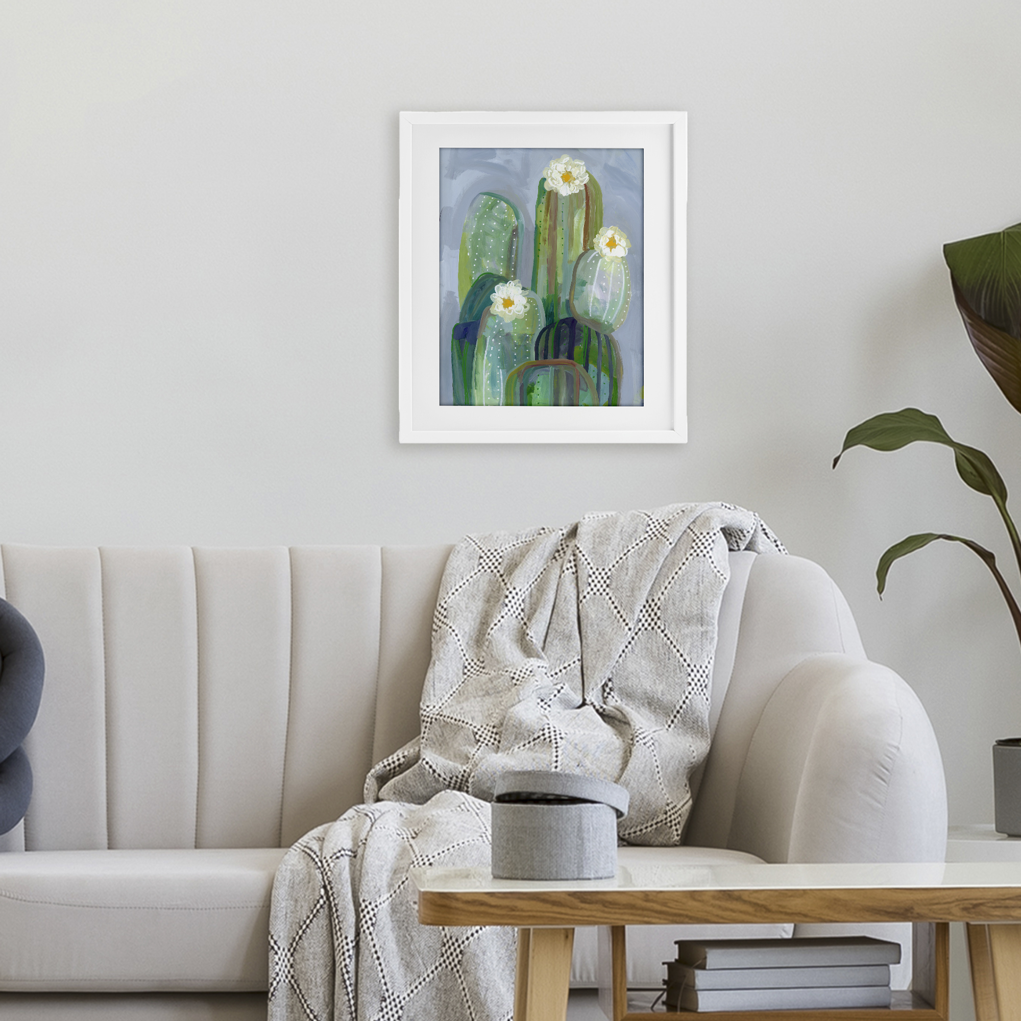 Desert Day Dream Cactus White Framed Print Under Glass, design by Ashley Davis