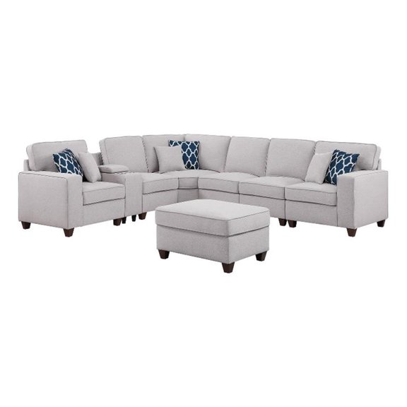 Pemberly Row 8-Pcs Fabric Upholstered Sectional w/ Console & Ottoman-Light Gray