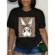 thumbnail image 1 of Women's Stylish Leopard Print Bunny Graphic Tee - Soft Polyester Crew Neck Short Sleeve T-Shirt, Black with White Rabbit Design, Casual Spring/Summer Top, Machine Washable, Casual Wear Tee | Trendy C, 1 of 6