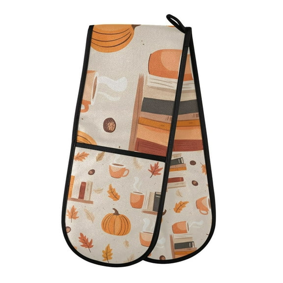 Yayeee Double Oven Mitt Kitchen Heat Resistant Baking 35" x7" Quilted Glove, Beige Fall Acorns Pattern