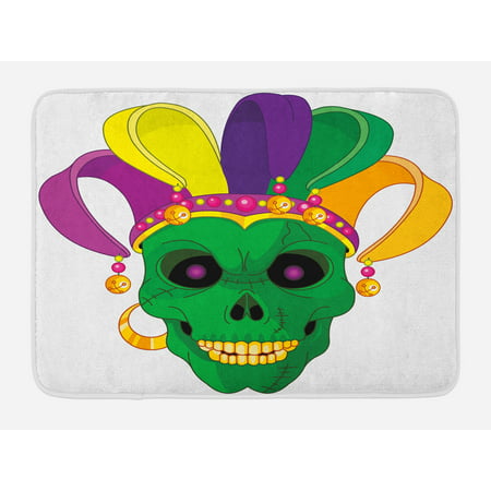 Mardi Gras Bath Mat, Scary Looking Green Skull Mask with Carnival Hat Beads and Earring Cartoon Style, Non-Slip Plush Mat Bathroom Kitchen Laundry Room Decor, 29.5 X 17.5 Inches, Multicolor, Ambesonne