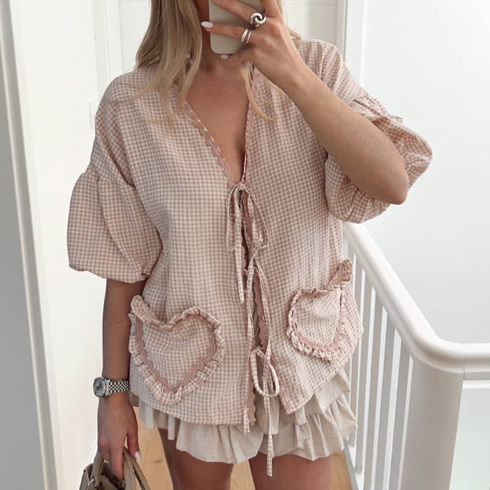 womens ruffle hem tops