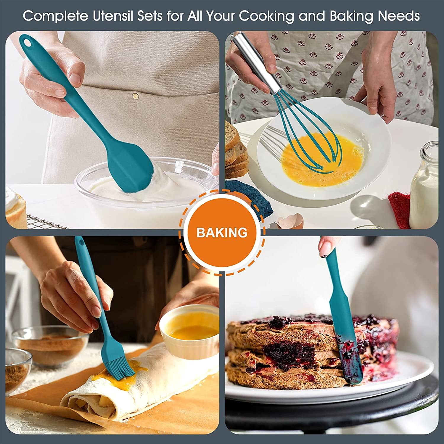 Vesteel 15-Piece Kitchen Utensils Set, Silicone Cooking Utensils with Holder, Non-stick Cookware Friendly & Heat Resistant - Teal Blue