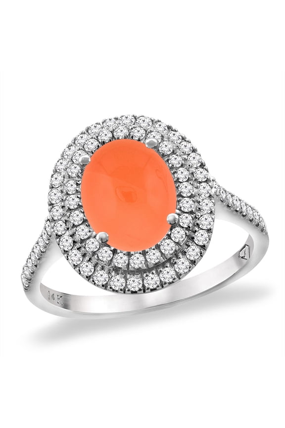 14K White Gold Natural Orange Moonstone Two Halo Diamond Engagement Ring 9x7 mm Oval, size 10