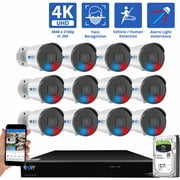 GW Security 16 Channel NVR UltraHD 4K Full-Time Color Night Vision PoE Security Camera System with (12) 8MP Two-Way Audio PoE Outdoor Cameras, AI Human & Cars Detection with Alarm Lights