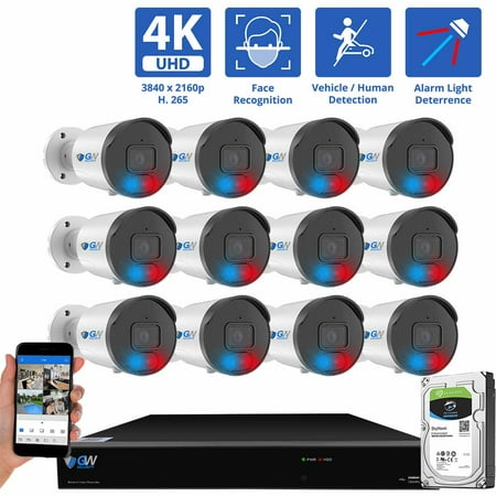 GW Security 16 Channel NVR UltraHD 4K Full-Time Color Night Vision PoE Security Camera System with (12) 8MP Two-Way Audio PoE Outdoor Cameras, AI Human & Cars Detection with Alarm Lights