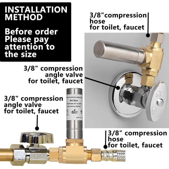 NDIUG-(1 Pack) Water Hammer Arrestor for Dishwasher and Toilet 3/8 Inch Male Compression and 3/8 Inch Female Compression, Absorb Shock and Reduce Noise for Water Pipe