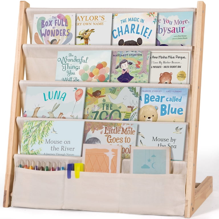 Caveen 4-Tier Wooden Kids Bookshelf with Canvas Bins, Beige photo 6