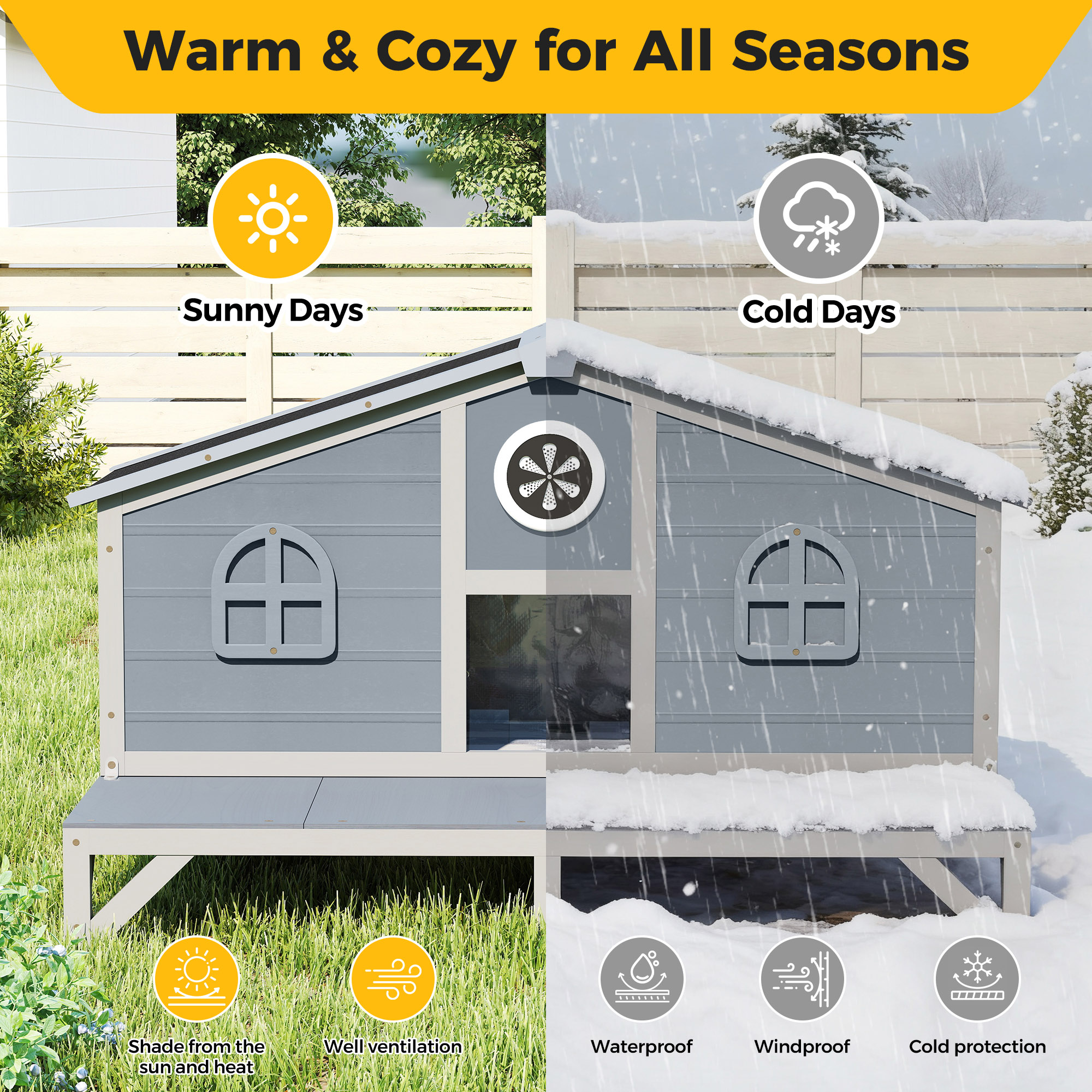 Insulated Wooden Cat House, Indoor Outdoor Cat Enclosure with Large Play Run Waterproof Roof, Fringe Curtain and Doors, Gray