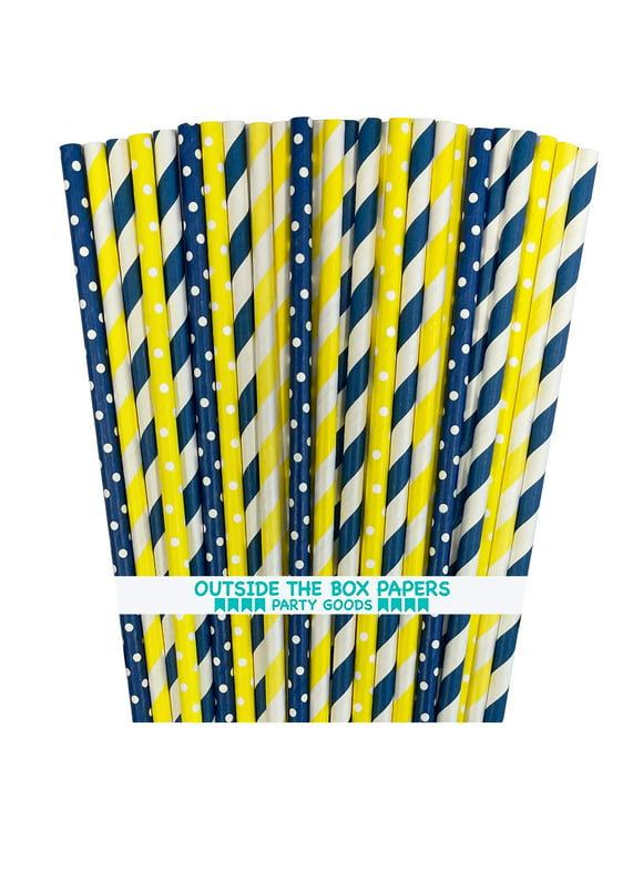 100 Navy Blue and Yellow Stripe, Chevron Paper Straws